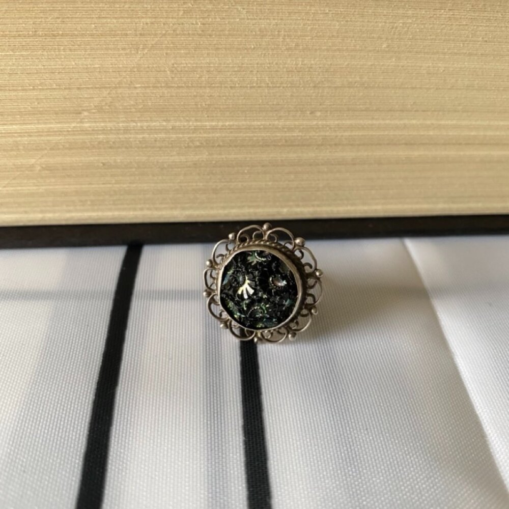 Vintage Sterling Silver and Iridescent-Painted Glass Ring